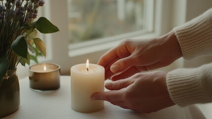 Hands place a lit candle beside another in a peaceful indoor setting, creating an atmosphere of warmth and reflection.