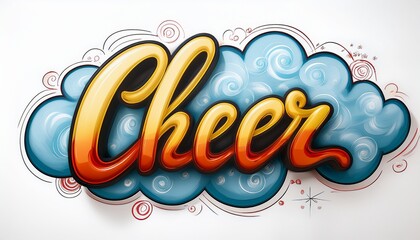 낙서 스타일의 CHEER 손글씨와 주변을 감싸는 구름 장식