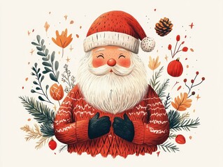 Santa Claus in Cozy Nordic Sweater Surrounded by Whimsical Botanicals