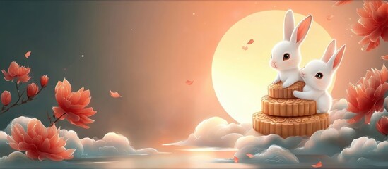 Cute Rabbits Celebrating Mid Autumn Mooncake Festival on Mooncake Podium with Oriental Clouds and Full Moon