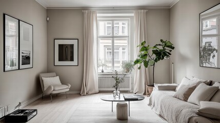 Serene Living Room: Minimalist interior design with soft neutral tones, natural light, and elegant furnishings creating a calming atmosphere.
