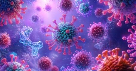 Obraz premium Microscopic View of Colorful Viruses and Bacteria in Vibrant Digital Painting Style