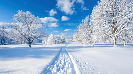 Obraz premium Snowy path through trees, bright sky