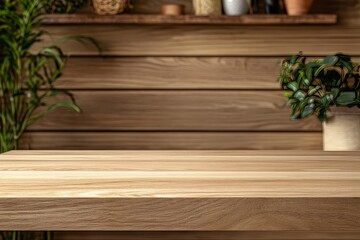 Wooden table top on blurred wooden wall background - can be used for display or montage your products. High quality photo