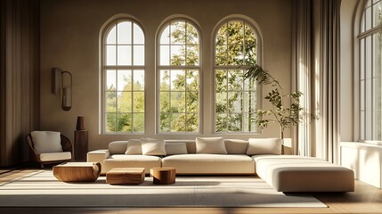 Sunlit living room with beige sectional sofa, wooden coffee tables, and arched windows overlooking a garden.