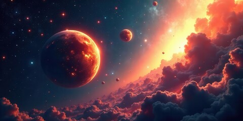 A fiery planet dominates a breathtaking celestial landscape, encircled by smaller celestial bodies and a vibrant, crimson-hued cloudscape bathed in the warm glow of distant suns.