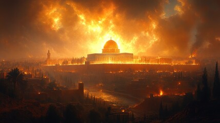 Obraz premium Jerusalem landscape with fire and golden dome evoking a sense of apocalypse
