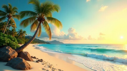 Obraz premium Serene Sunset Beachscape Palm Trees, Soft Sand, and Gentle Waves at Golden Hour
