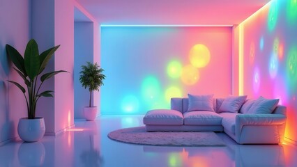 Obraz premium Modern Minimalist Living Room with Chromatic Wall Lighting and Plush Sectional Sofa