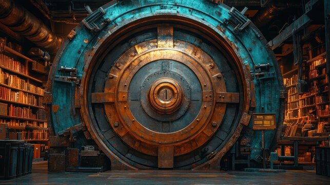 Intricate steampunk vault door in a library, anachronistic security