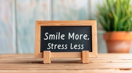 A wooden sign displaying the phrase "Smile More, Stress Less" placed on a table near a plant, promoting positivity and mindfulness.