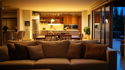 Cozy living room with kitchen view at night.