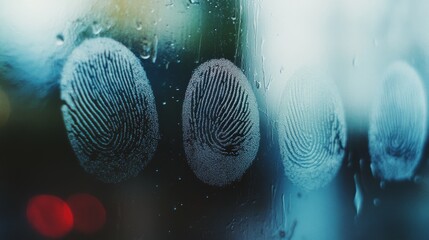 Four fingerprints on a fogged windowpane, creating a mystery and inviting curiosity about the story behind them.