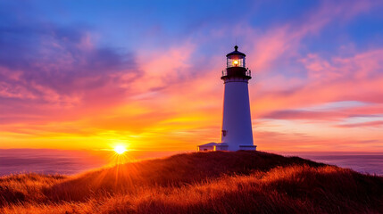Lighthouse stands tall on a grassy hill under a vibrant sunset sky