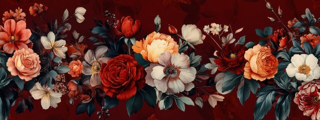 Fototapeta premium Vibrant Floral Pattern Roses Peonies Lilies Burgundy Background Vintage Baroque Art Style