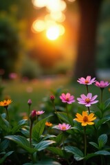 Obraz premium Soft sunset light illuminates calming garden plants , shadow, tranquility, zen
