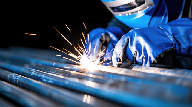 A welder in protective gear sparks bright light while working on metal rods in a dark environment.
