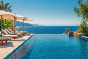 Fototapeta premium Summer vacation at poolside. Veranda decorated with deck chairs and umbrella with an ocean view