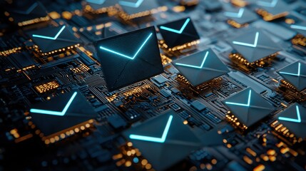 A computer chip with many blue and orange squares