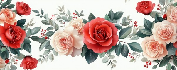 Seamless floral pattern with red and pink roses and green foliage on white background botanical illustration art