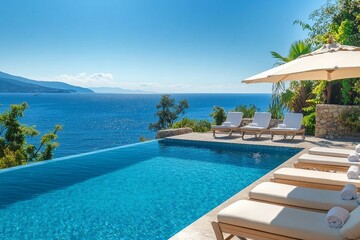 Fototapeta premium Summer vacation at poolside. Veranda decorated with deck chairs and umbrella with an ocean view