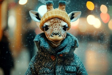 Fototapeta premium Sad cute baby animal giraffe in winter warm clothes, visible breath from nose and mouth in frosty breeze. Social ad - animal care. Problem of cold animals. Zoo nature outreach. Zoo animal care.