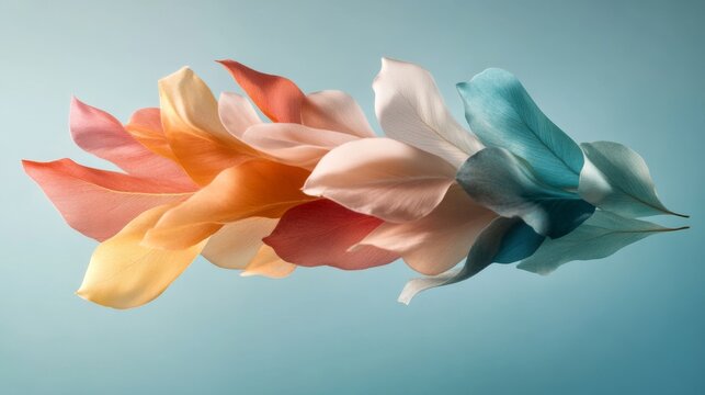 A soft arrangement of colorful, silk-like petals floats against a serene blue background, embodying grace and a sense of effortless beauty in motion.