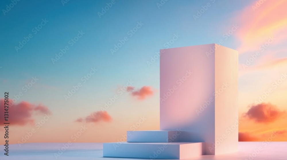 Poster a white cube is standing in front of a blue sky with clouds