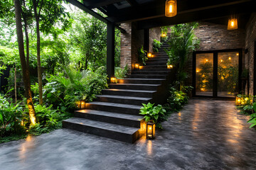 Lit staircase leading into lush greenery, under a modern structure, beside brick walls