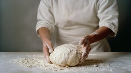 A baker's hands knead a soft dough on a flour-dusted table, embodying the art of baking in a warm, inviting kitchen setting.