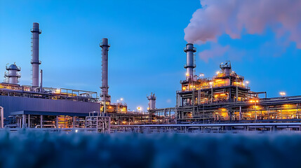Obraz premium Illuminated Industrial Power Plant at Blue Hour with Smoke Emission and Foreground Grass