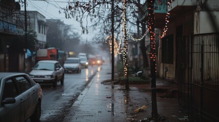 Obraz premium A rain-soaked street glimmers in evening light, adorned with twinkling festive lights.