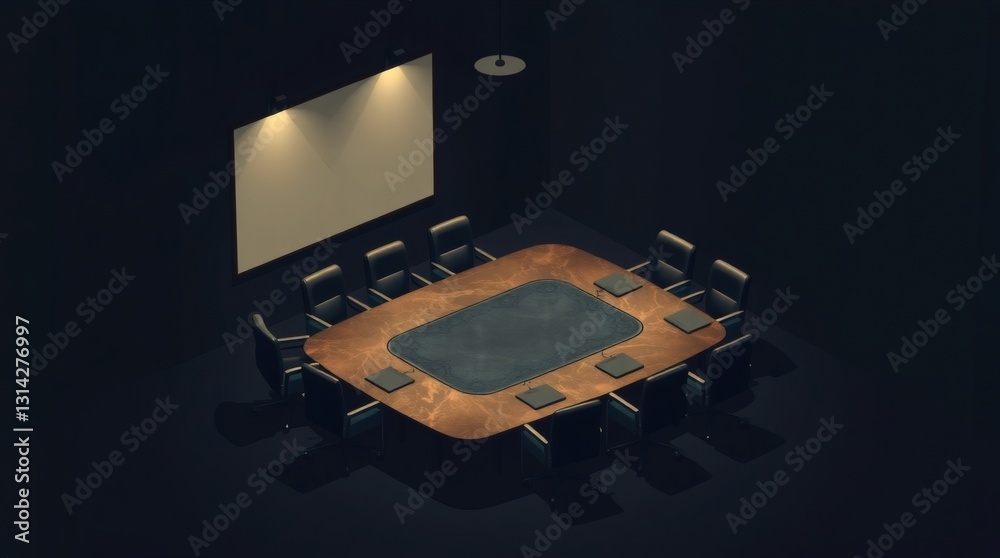 Poster an empty conference room with a large table, chairs, and projection screen