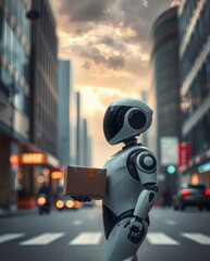 Fototapeta premium a futuristic robot delivering a package in a modern city setting