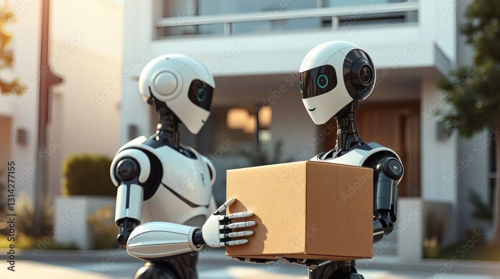 Poster two robots interacting, one handing a package to another in front of a house. This futuristic scene captures the essence of technological advancements and convenience.