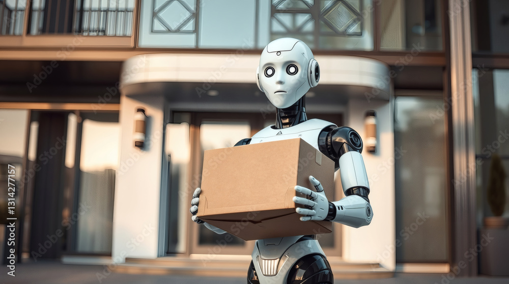 Poster a robot holding a cardboard box in front of a modern building, a scene that suggests delivery or ser