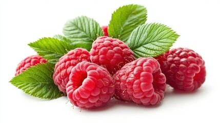 Fresh raspberries with green leaves isolated