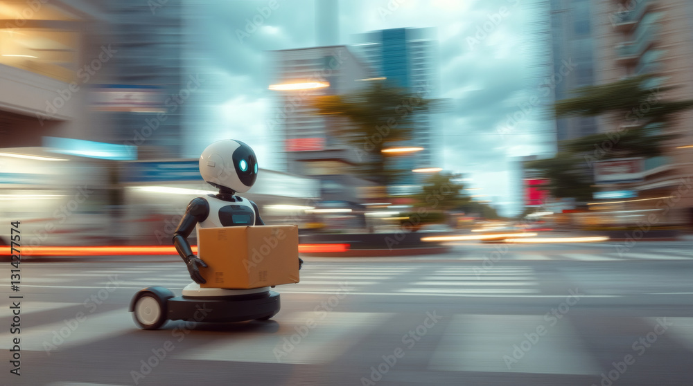 Poster a futuristic robot courier is delivering a package, navigating a city street with a blurred backgrou