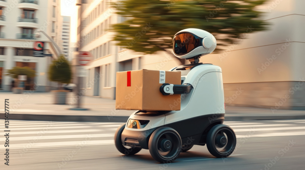 Poster a delivery robot efficiently navigating a city street, transporting a package to its destination. It is an autonomous vehicle with a futuristic design