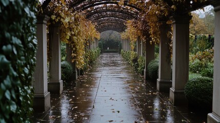 Fototapeta premium A rain-kissed path beneath a vine-covered archway leads deeper into a tranquil, autumn garden, enveloped in serene beauty.