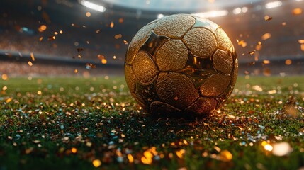 Fototapeta premium Golden soccer ball celebrating victory on the field with confetti falling
