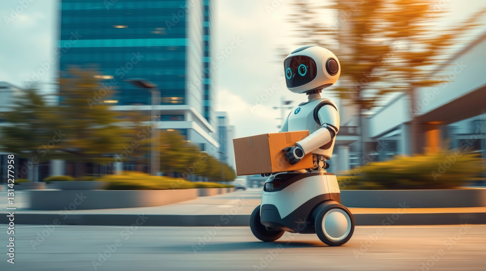Poster an advanced robot delivery a package on a city street, blurring background with futuristic technolog