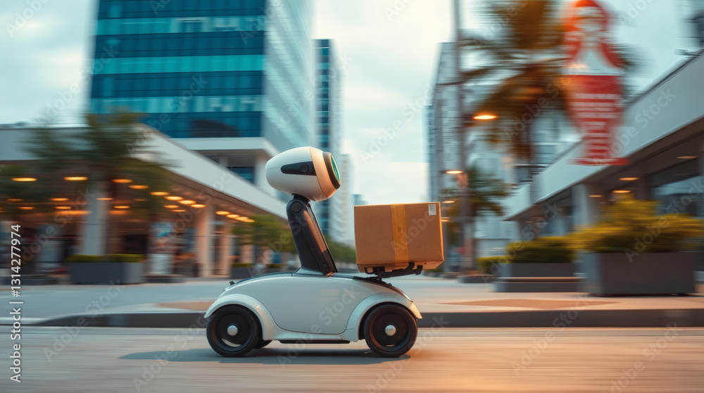 Poster an autonomous delivery robot navigating a city street with a package. The robot moves efficiently, showcasing modern technology 