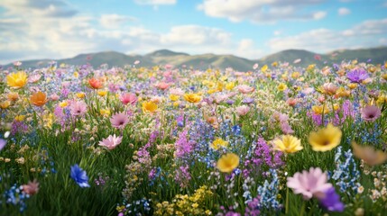 Fototapeta premium Vibrant wildflower meadow stretches towards distant hills under a bright sky