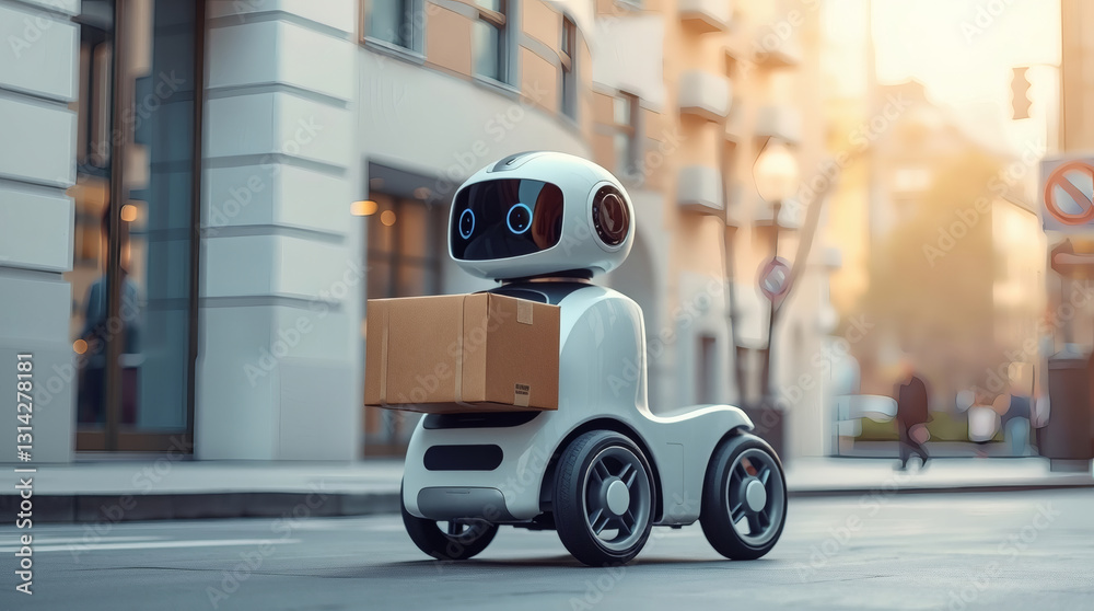 Poster a delivery robot carries a package down a city street, revolutionizing urban transport and logistics