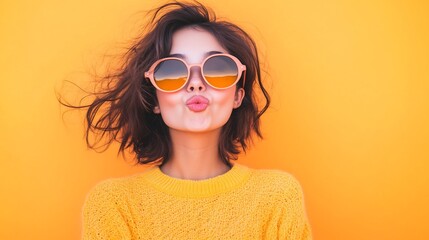 young woman in oversized sunglasses blowing kiss with pastel orange background
