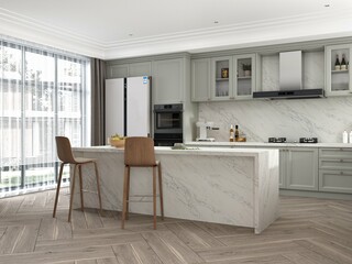 Modern light scandinavian style apartment interior design. Pastel color kitchen with wooden cabinet, marble counter top island close up, wooden flooring. 3D Rendering. Mockup. 3D Illustration