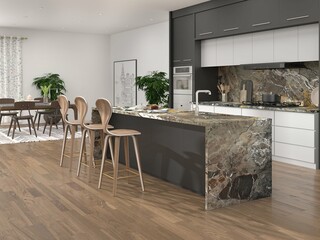 Interior of modern luxury kitchen with white walls, wooden floor, big refrigerator, white cabinets with built in cooker and sink and comfortable bar with brown chairs. 3D Illustrations. 3D Rendering