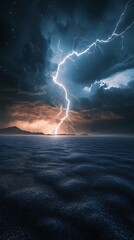 Obraz premium A dramatic lightning strike illuminates a dark, stormy sky over a tranquil sea.