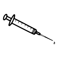 Fototapeta premium Syringe with medicine. Hand drawn doodle. Medical instrument of a nurse. Equipment for introducing liquid under the skin. Falling drop. Vector line art illustration.